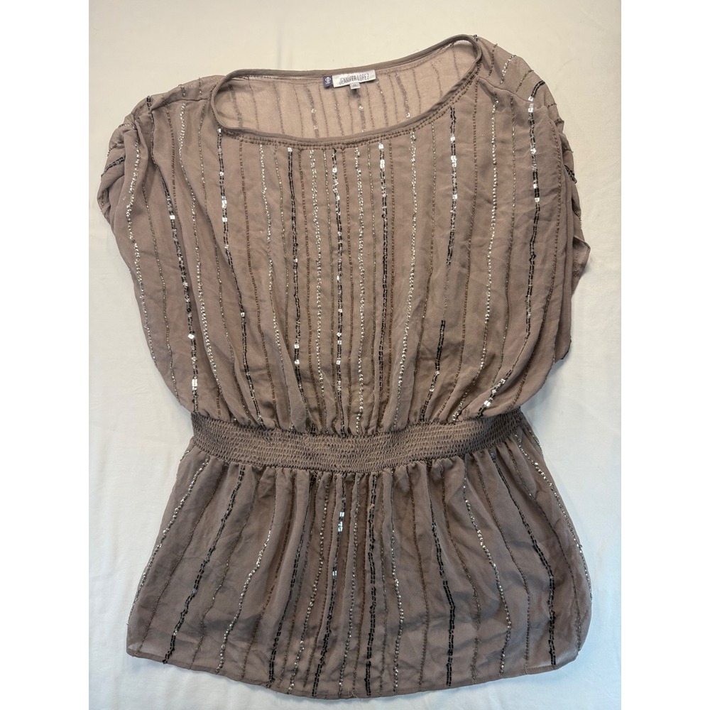 Jennifer Lopez Womens XL Beaded Sequin Blouse Taupe Brown Smocked Waist Top Glam